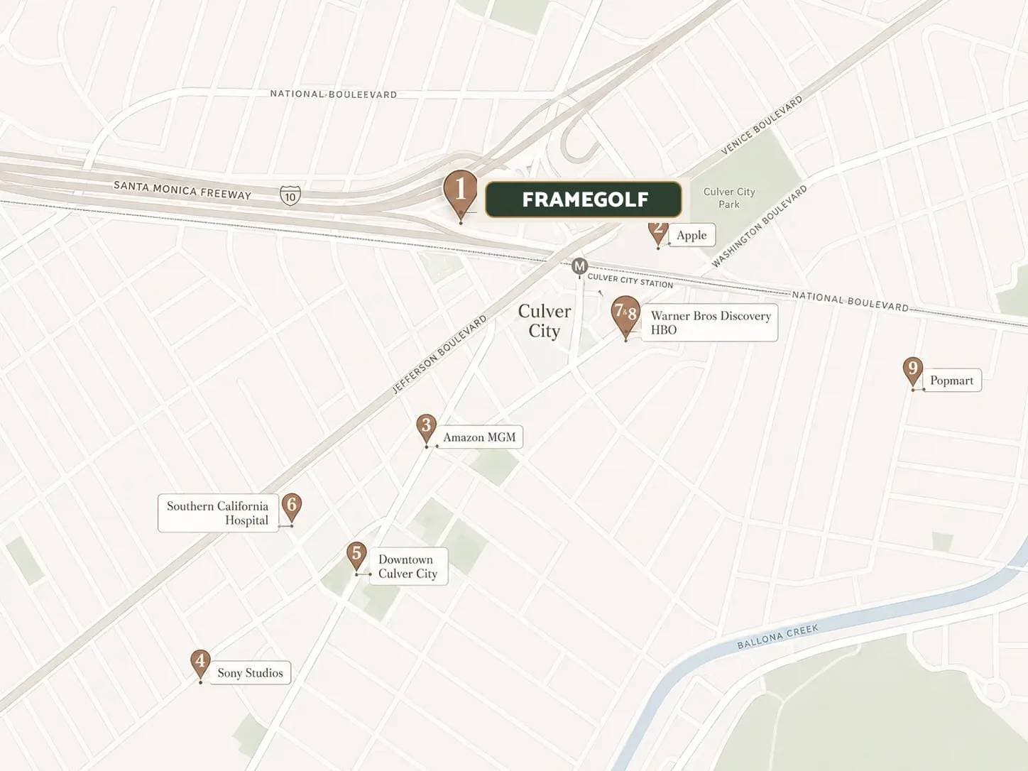 Map showing Framegolf's Culver City location near Apple, Warner Bros Discovery HBO, Amazon MGM, Sony Studios, Popmart, and Downtown Culver City